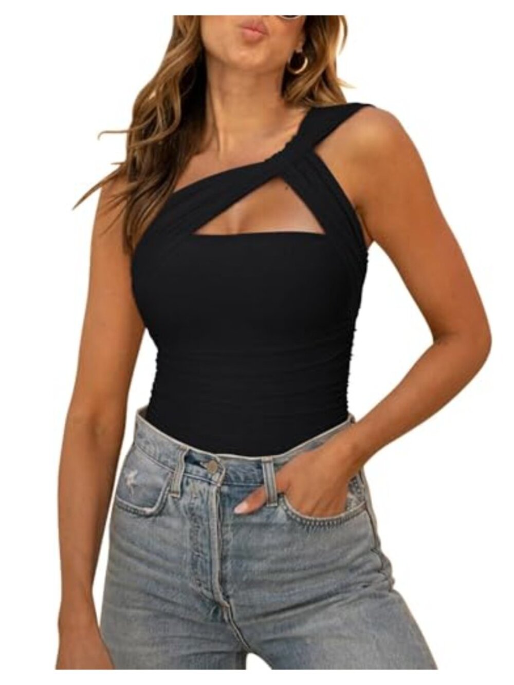 One Shoulder Leopard Print Mesh Ruched Backless Bodysuit